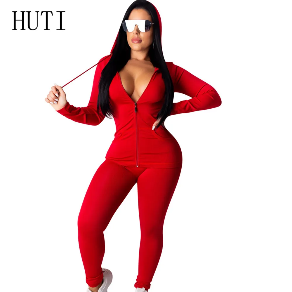 HUTI, комплект из двух предметов, спортивный костюм, Осень-зима, длинный рукав, с капюшоном, на молнии, толстовка, костюм со спортивными брюками, набор, женская праздничная одежда