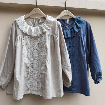 

Autumn new Korean style loose embroidery linen shirt women's long sleeve pullover shirt linen tops