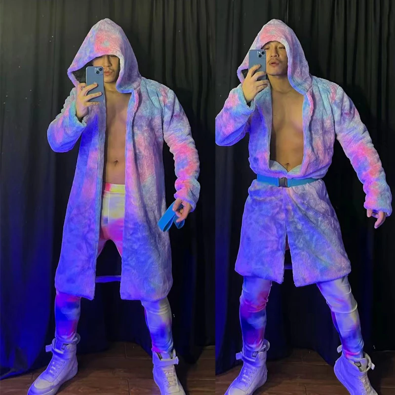 male salsa dancer outfit Male Long Fur Color Tie-dye Long Coat Leggings Festival Rave Outfit Gogo Costume Burning Man Nightclub Dj Ds Clothing XS3148 male ballet attire