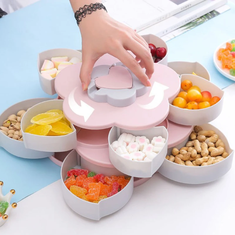 

Creative Flower Shaped Storage Box Rotary Snack Fruit Plate For Wedding Home Party Food Tray Double Layer Home Storage Box