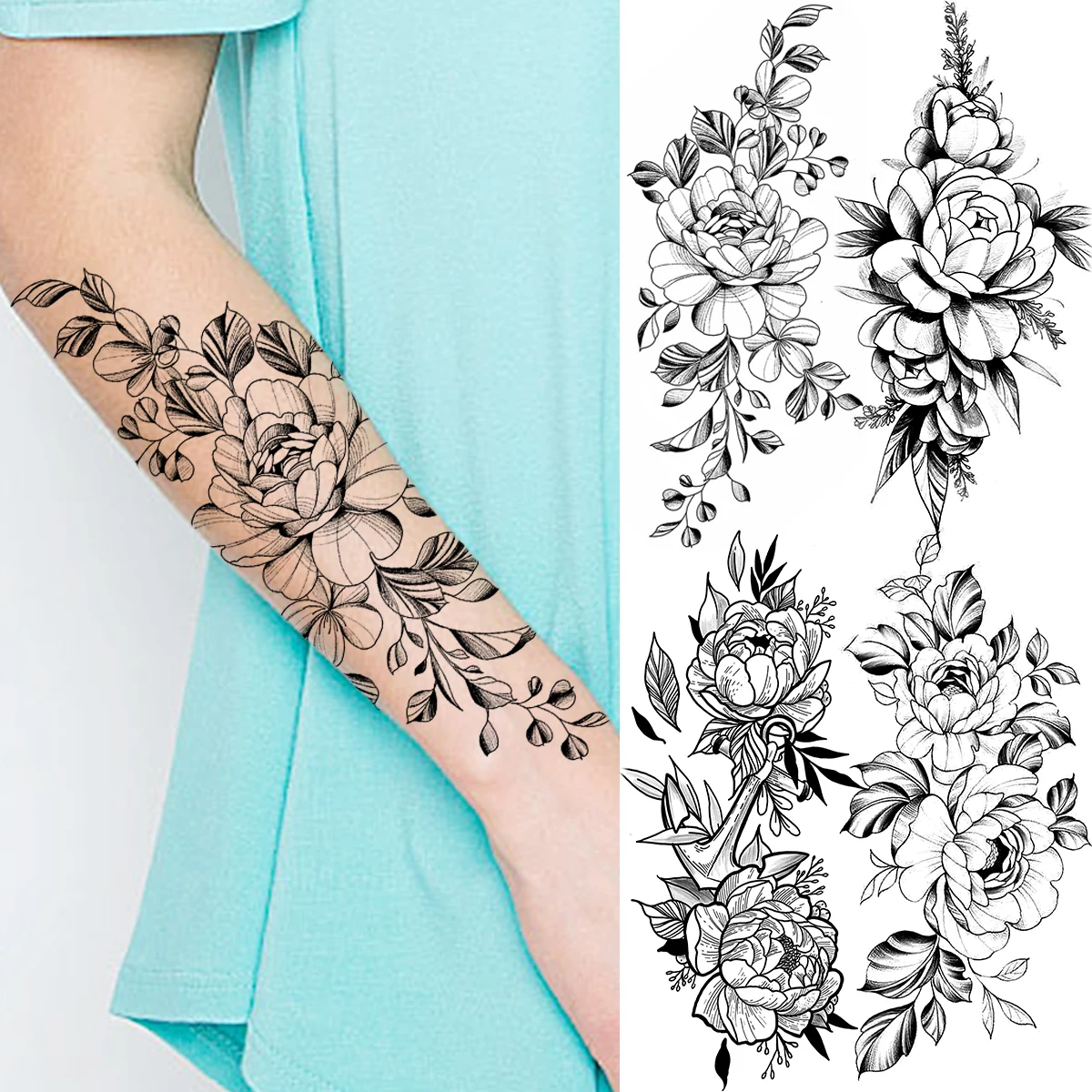 Black Peony Flower Sleeve Forearm Temporary Tattoos For Women Adult