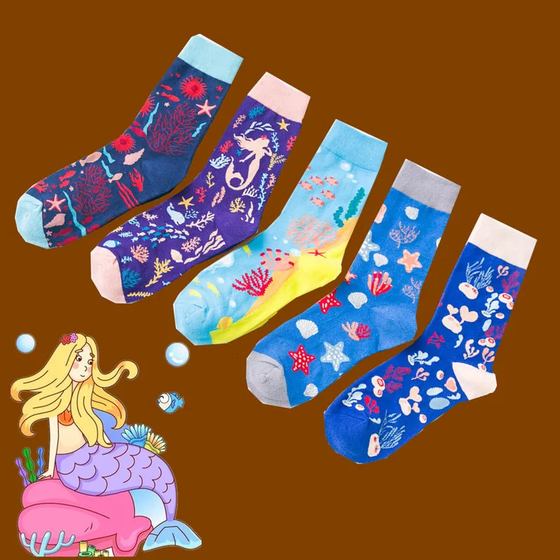 

Funny Socks Ins Tide Female Ocean Shell Coral Mermaid Socks In European American Happy Hip Hop Streetwear Cotton Christmas Socks