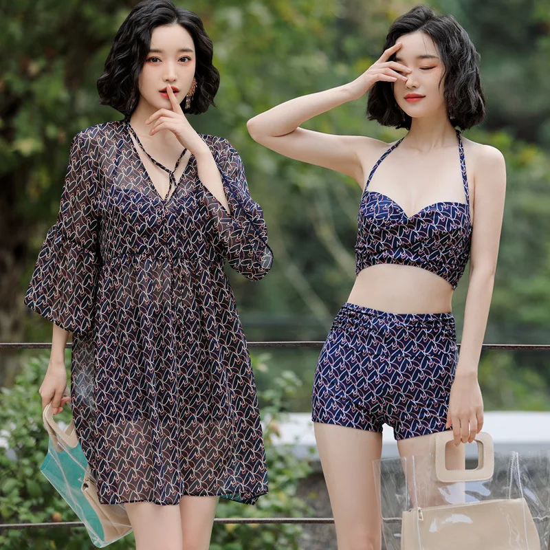 

South Korea Two-piece Swimsuits Women's Three-piece Set Bikini Graceful Blouse Boxer Small Bust Gathering Bubble Hot Spring Tour