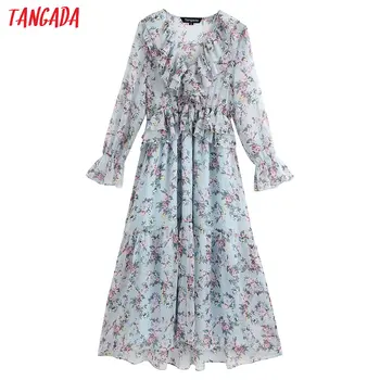 

Tangada women elegant floral print long chiffon dress 2020 new Long Sleeve Ladies ruffles maxi Dress Vestidos BE259