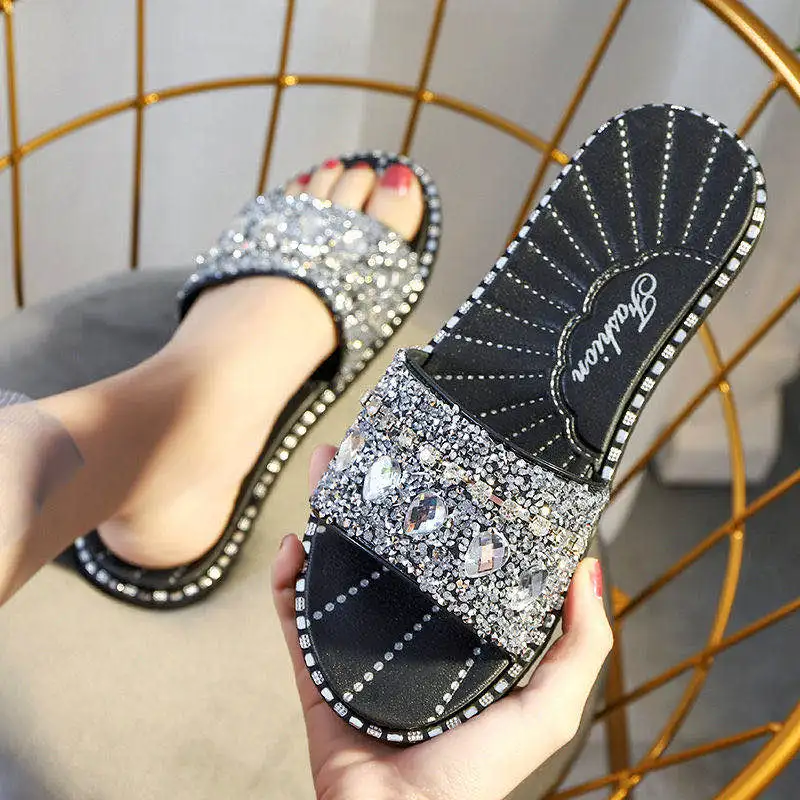 

2020 New Slippers Female Summer Korean Version Wild Fashion Cool Water Drop flash Diamond flat Bottom Non-Slip Word With Sandals