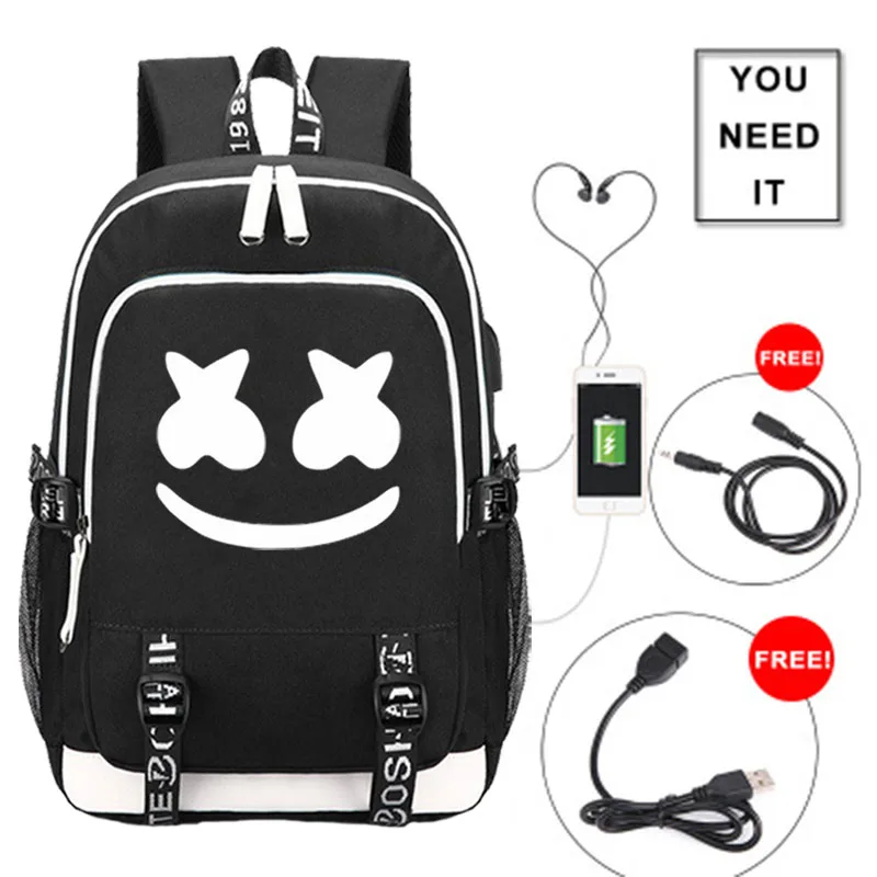 Black Dj Marshmallow рюкзаки USB зарядка для подростков мальчиков девочек Студенческая сумка для книг дорожная Повседневная светящаяся холст школьный рюкзак - Цвет: Black