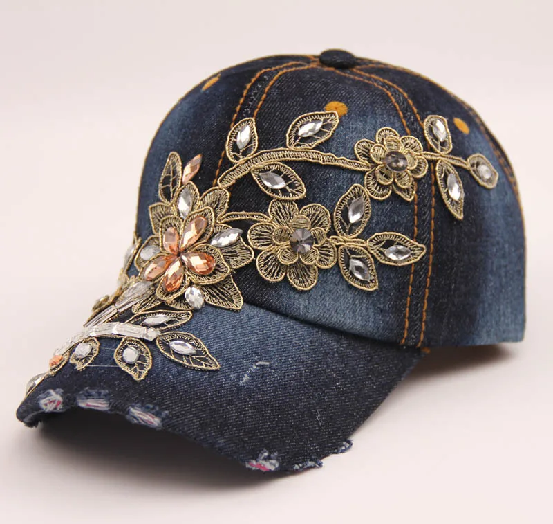 Женская бейсбольная кепка Алмазная вышивка цветок деним Snapback шапки джинсы женская кепка ковбойская летняя шляпа от солнца