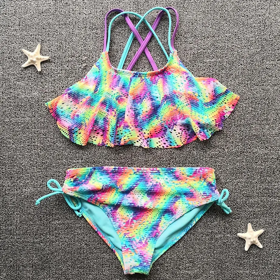 

Rainbow Girl Swimsuit Kids 6-16 Years Teenage Girl Bikini Set Hollow Out 2 Piece Children Swimwear Cross Back Girl Bathing Suit