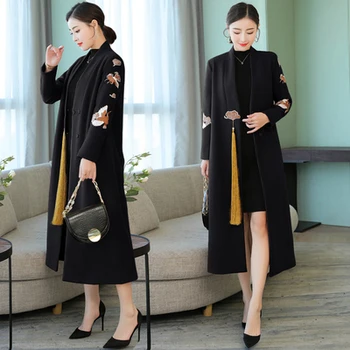 

Winter Women Windbreaker Embroidery Retro Style Improved Cheongsam Dress Coats X-long Wide-waisted Formal Tassel Trench Coat