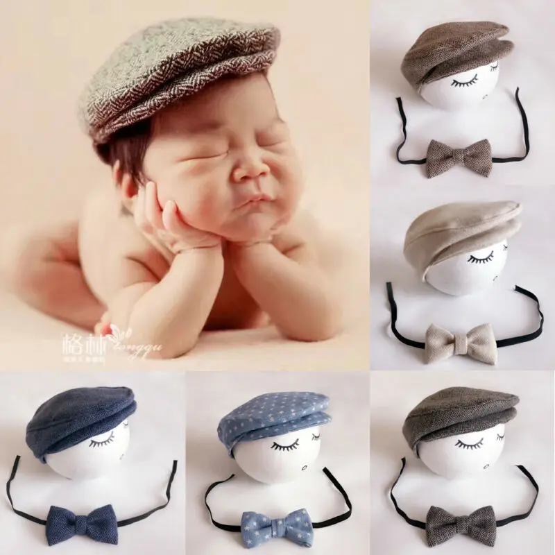 Newborn Baby Hat Beret + Bow Tie Set Photography Props