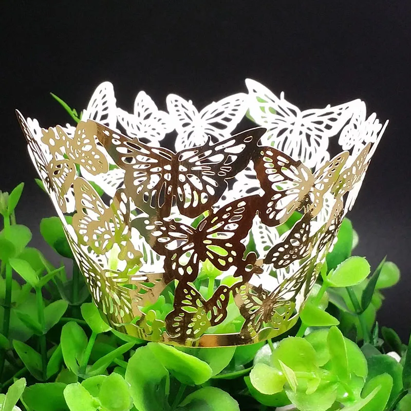 Reflective Gold 50 шт/бабочка ажурные кружева Лазерная резка торт упаковка колодки выпечки чашки семья свадьба день рождения вечеринка украшения - Цвет: Reflective Gold