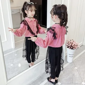 

5-10 year children clothing spring and autumn two-piece casual lace lattice stitching long-sleeve off the big girl fashion suit