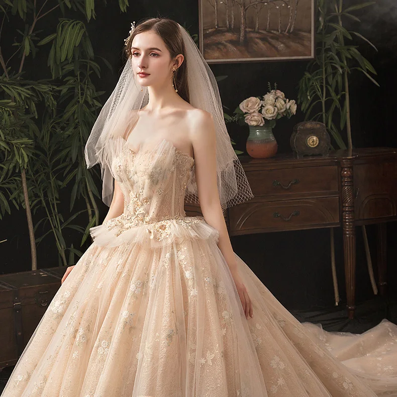 SSYFashion, высококачественное свадебное платье, роскошное, цвета шампанского, без бретелек, со шлейфом, кружевное, с аппликацией, с бисером, длинное свадебное платье, на заказ
