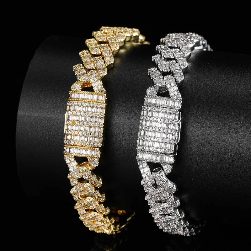 

Hip Hop Claw Setting AAA+ CZ Stone Bling Iced Out 10mm Solid Square Cuban Link Chain Bangles Bracelets for Men Rapper Jewelry