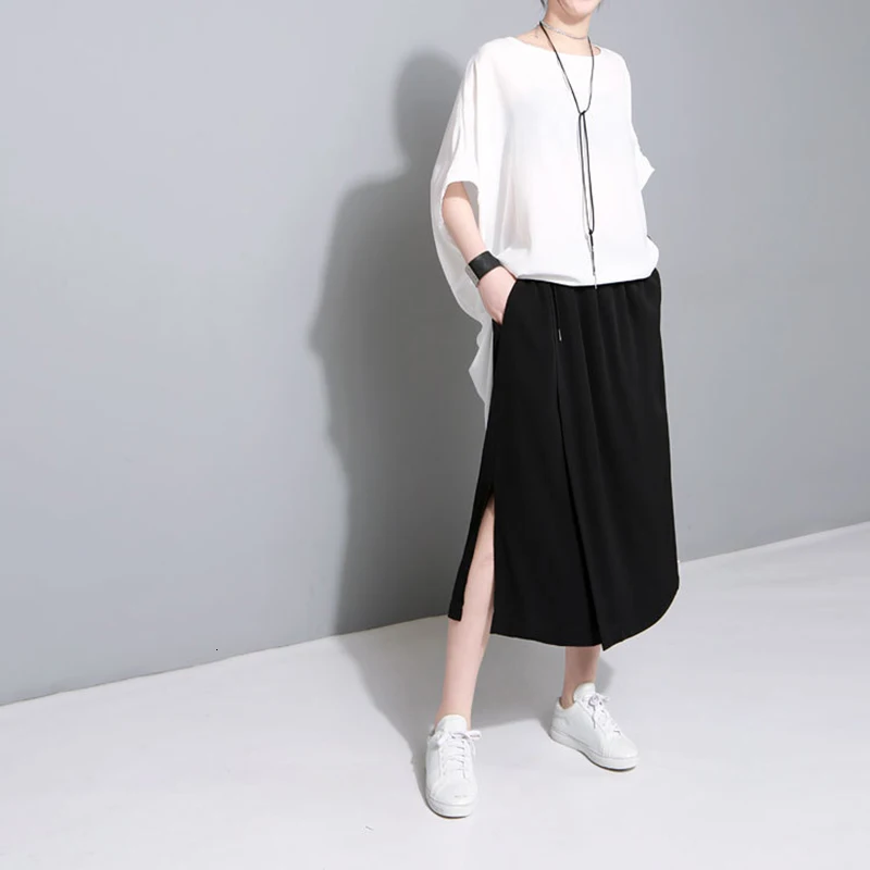 [EAM] новые осенние зимние черные полосатые свободные штаны с высокой эластичной талией, женские модные брюки JU187