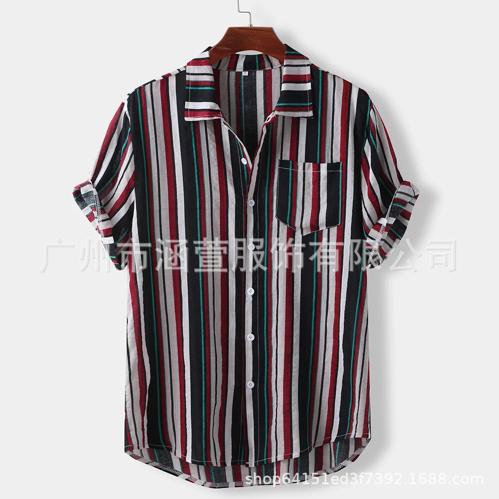 

2020 New Style Men Stripes Casual Shirt Europe and America Hot Selling Hawaii Tourism Leisure Relaxed Fashion Shirt