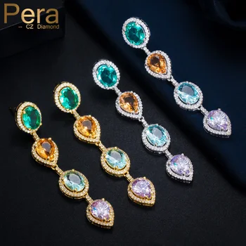 

Pera High Quality Blue Green CZ Crystal Dubai Gold Fashion Bohemian Long Tear Drop Bridal Wedding Dangle Earring for Women E583