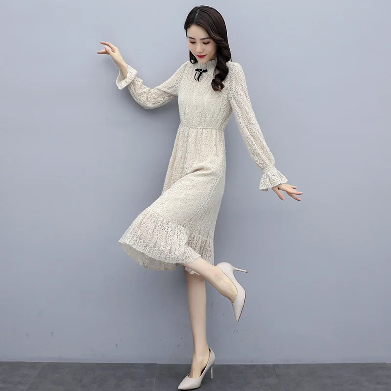 

2020 New Style Spring Clothing Korean-style Long Sleeve Lace Dress Children Graceful Base Underwear A- line Dress
