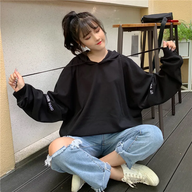 Толстовки женские Ulzzang Harajuku уличная весна осень большого размера, с длинным рукавом Студенческая тонкая однотонная Корейская стильная женская одежда