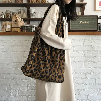 

2020 autumn and winter new leopard-print corduroy cloth bag hot sale large-capacity shopping bag storage bag