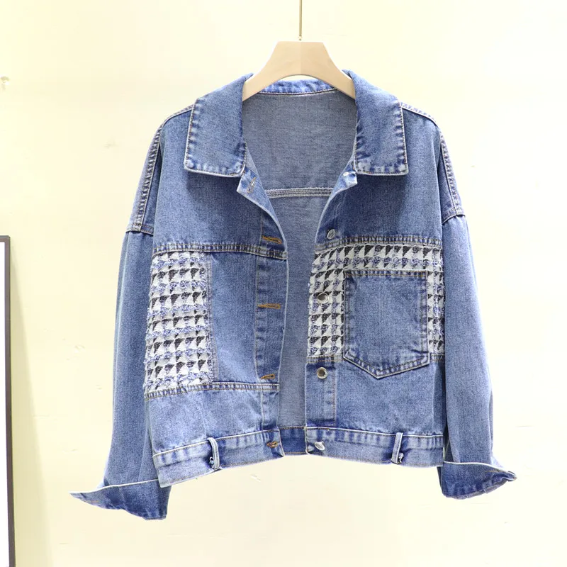 

2020 Spring new Plus size Short Lattice Splice Washed Black Denim jacket Women's Loose Kurtka jeansowa damska Casual Jean jacket