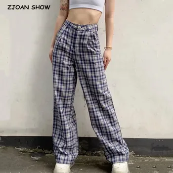 

Vitage 90s Check Gingham Plaid Wide Leg Pants Woman High Waist Full length Causal Trousers Cool girl Loose Long Home Pants