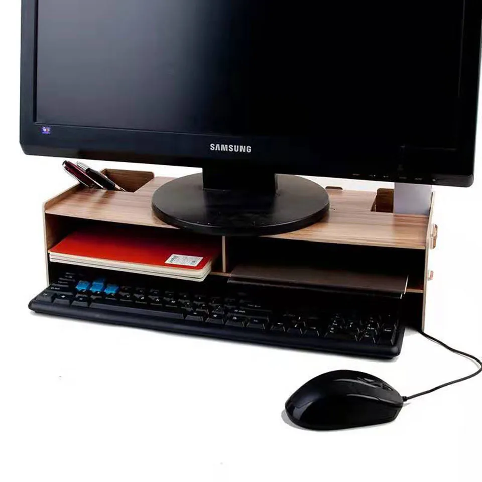 Wooden Computer Monitor Organizer Escritorio TV PC Stand Keyboard Holder Office Desk Organizer Home Desk Storage Box Case