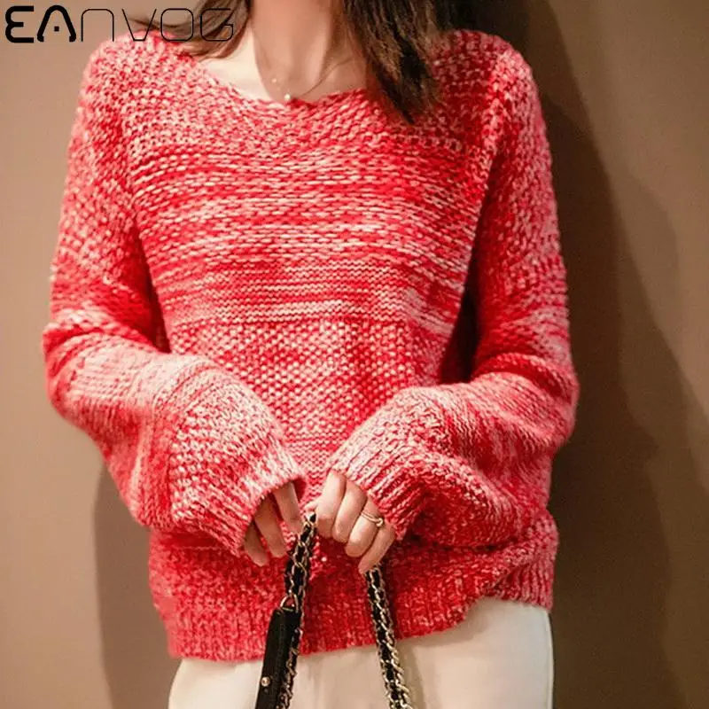 

Women Ladies Casual Long sleeve Winter Sweater O-neck Loose Sweater Spring Autumn Lazy Fashion Warm Solid Red Thin Pullovers