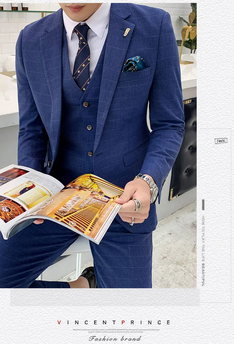 Темно-хаки синий клетчатый костюм для мужчин Slim Fit Мужская официальная одежда мужские деловые костюмы высокого качества 3 шт свадебный костюм для жениха YM4