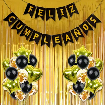 

Besegad Kids 30PCS Feliz Cumpleanos Gold Birthday Party Banner Ribbon Curtain Sequin Latex Star Balloons Decoration Set Toy