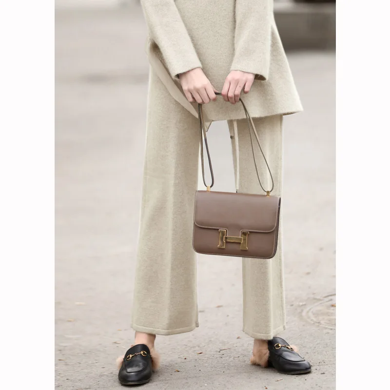 Grey camel (bottom) Amii модный шикарный вязаный костюм вестернизированный Зимний с высоким воротником спущенные плечи рукава свободные широкие брюки комплект из двух предметов - Цвет: Grey camel (bottom)