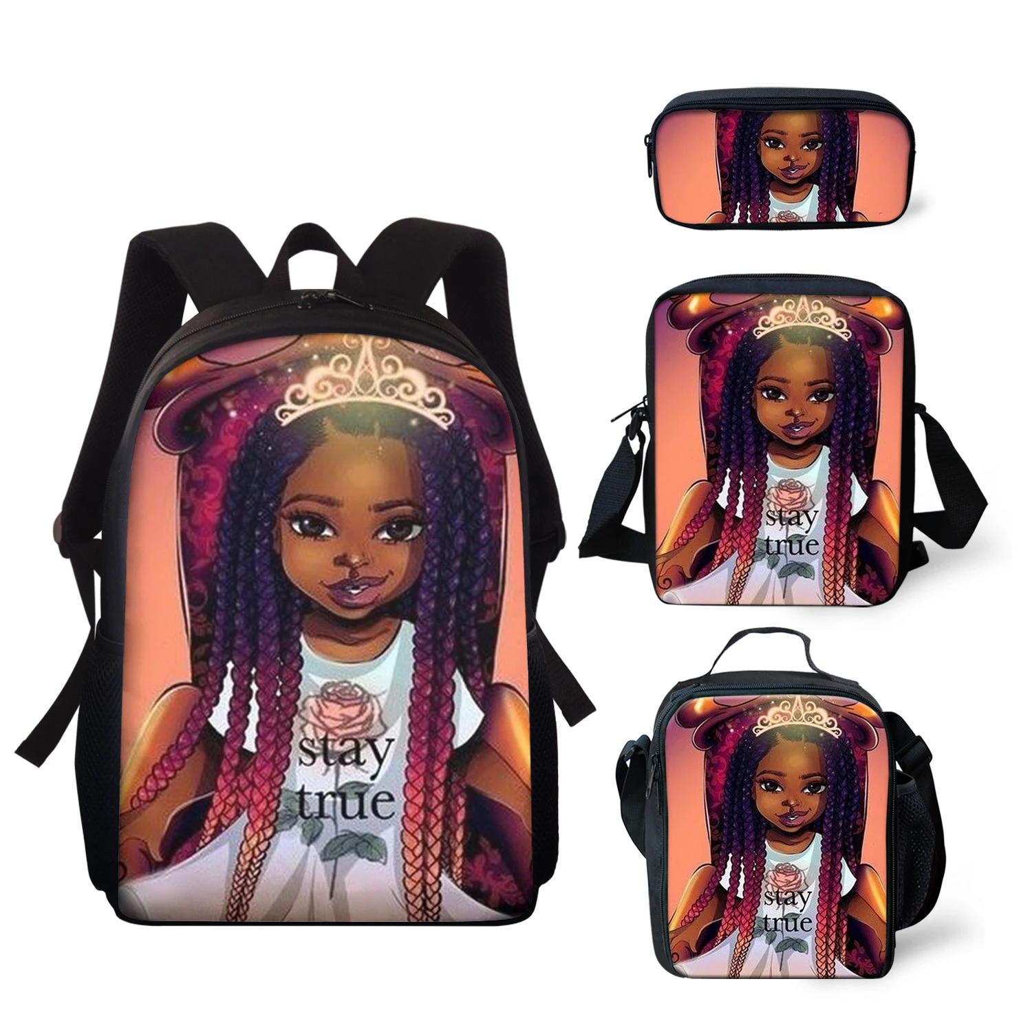 

Afro Girl Print Teenagers Girls Satchel Messnagers Mochila African Paintings School Bags Women 4pcs/set Double Shoulder Backpack