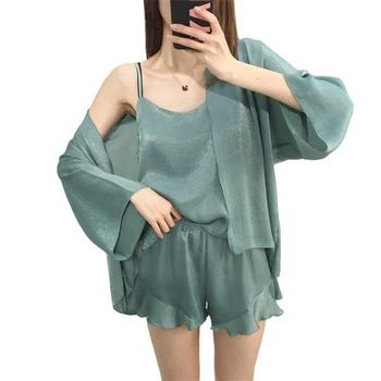 

2020 New Summer Quintuple Sleeve Simple Natural Pajamas Three Piece Set Of Thin Women'S Household Clothes
