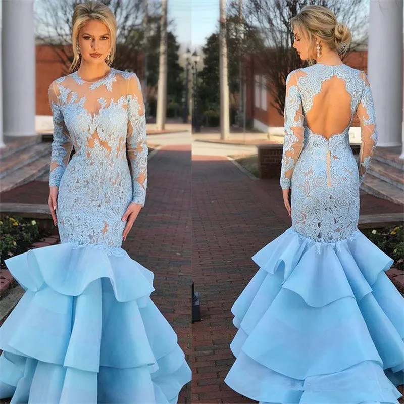 

2020 O-Neck Neck Long Sleeves Illusion Tulle Lace Applique Prom Dress with Layered Backless Mermaid Party evening Dresses