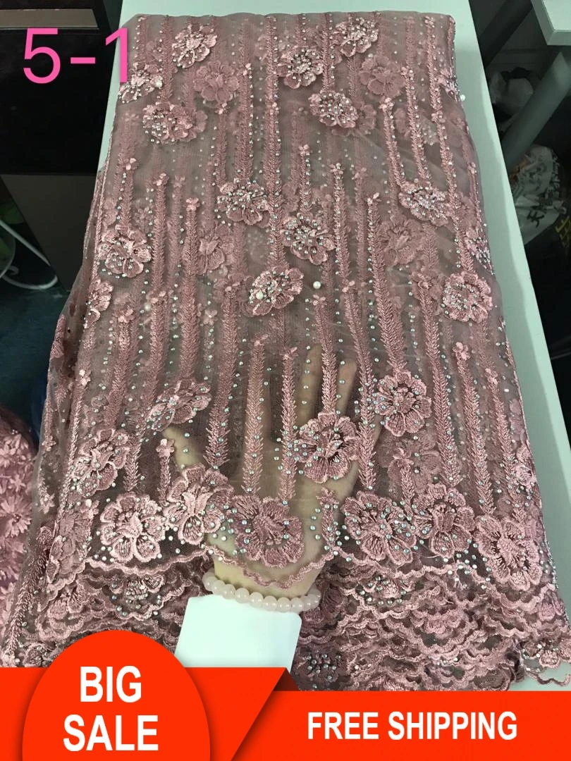

The lateset Onion color net lace fabric design with stones for party