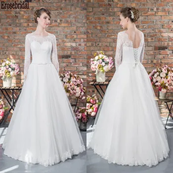 

Simple Style Long Sleeve Wedding Dress 2020 A Line Elegant Lace Wedding Gown Bridal Lace Up Back Free Customized