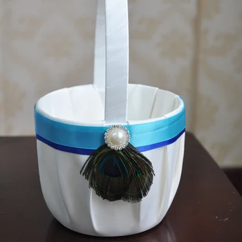 

25CM Blue Stripe With Peacock Feather Flower Basket Flower Girl Basket