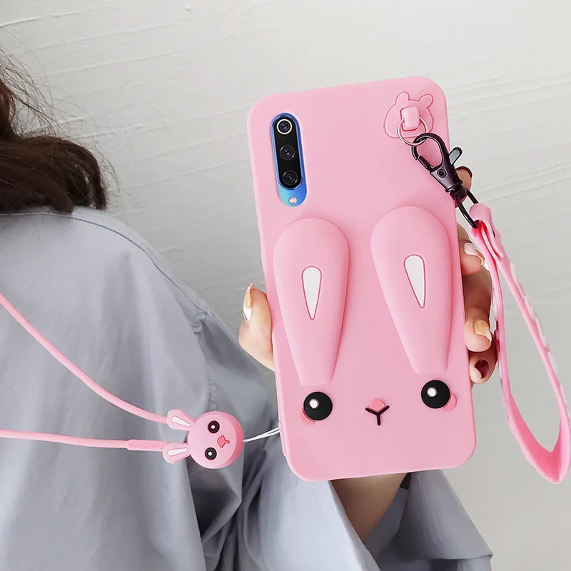 Pink Очаровательный чехол для телефона Xiaomi Redmi Note 7 MI 9 MI 9SE MI 8 безопасный силиконовый чехол для телефона с кроликом с милыми шортами+ длинный ремешок - Цвет: Pink