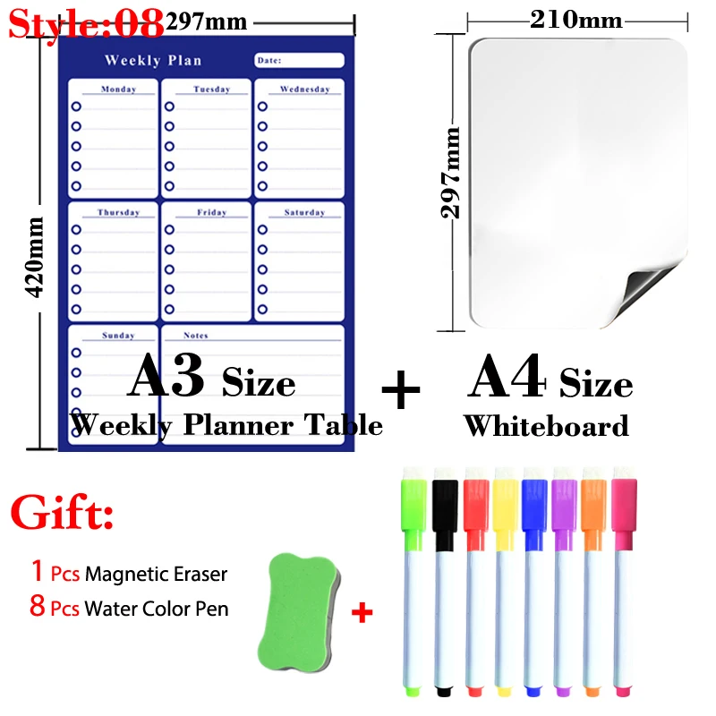 

A3 Size Monthly Weekly Planner + A4 Size Magnetic Whiteboard Dry Erase White Board Fridge Sticker Daily Recipe Calendar Table