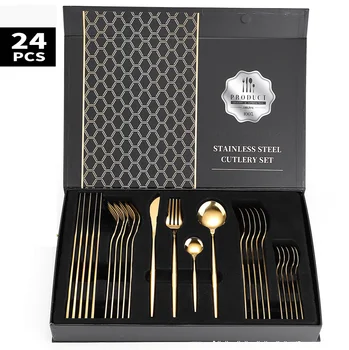 

24PCS Gold Tableware Set 304 Stainless Kitchen Steel Cutlery Set Dinner Fork Spoon Knife Dinnerware Set Holiday Black Gift Box