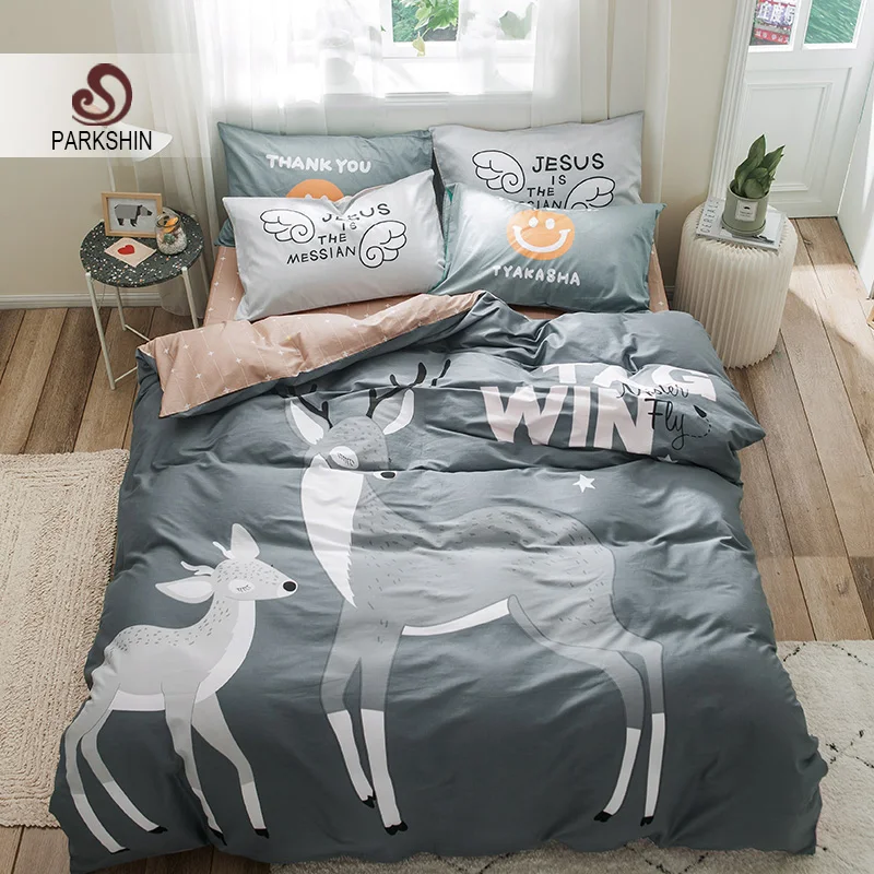 

ParkShin 100% Pure Cotton Bedding Set Cartoon Deer Nordic Bed Cover Sheet On Elastic Band Duvet Cover Set Home Decor Bedclothes