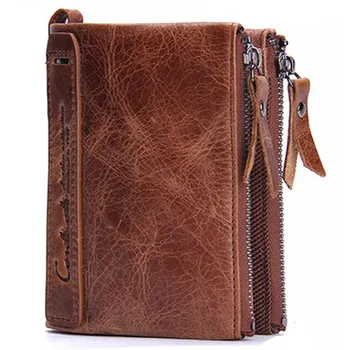 

Leather Men's Wallet Short Fashion Coin Purse Crazy Horse Cowhide Card Holder Double Zipper Wallets