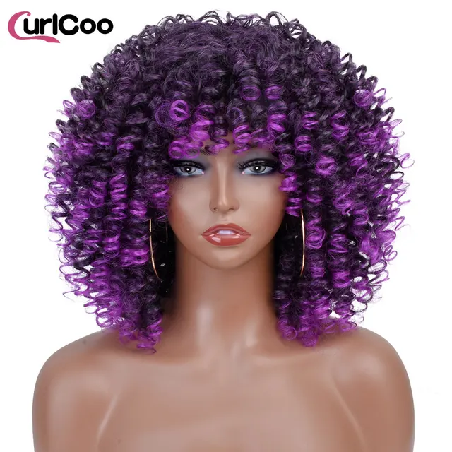 Short Afro Kinky Curly Wigs With Bangs For Black Women Synthetic Ombre Natural Heat Resistant Hair Brown Cosplay Highlight Wigs T1B-YG51F