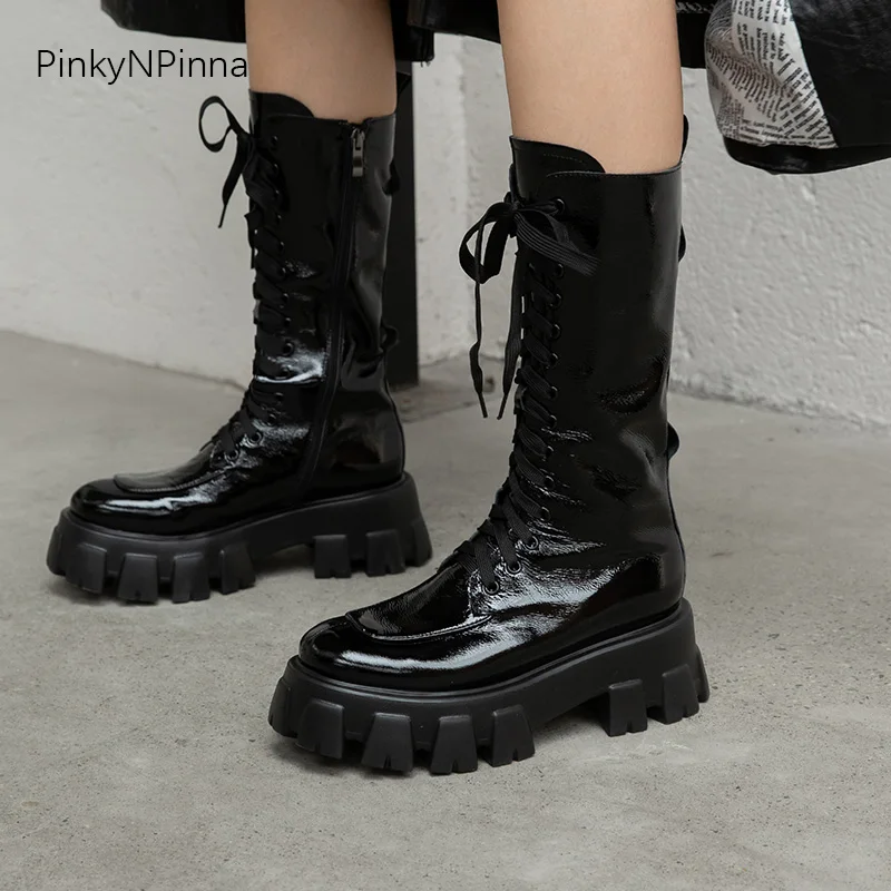 Botas de media caña para mujer, botines de piel de vaca auténtica con  bolsillos laterales y plataforma, color negro, punk, novedad de 2020 -  AliExpress Calzado