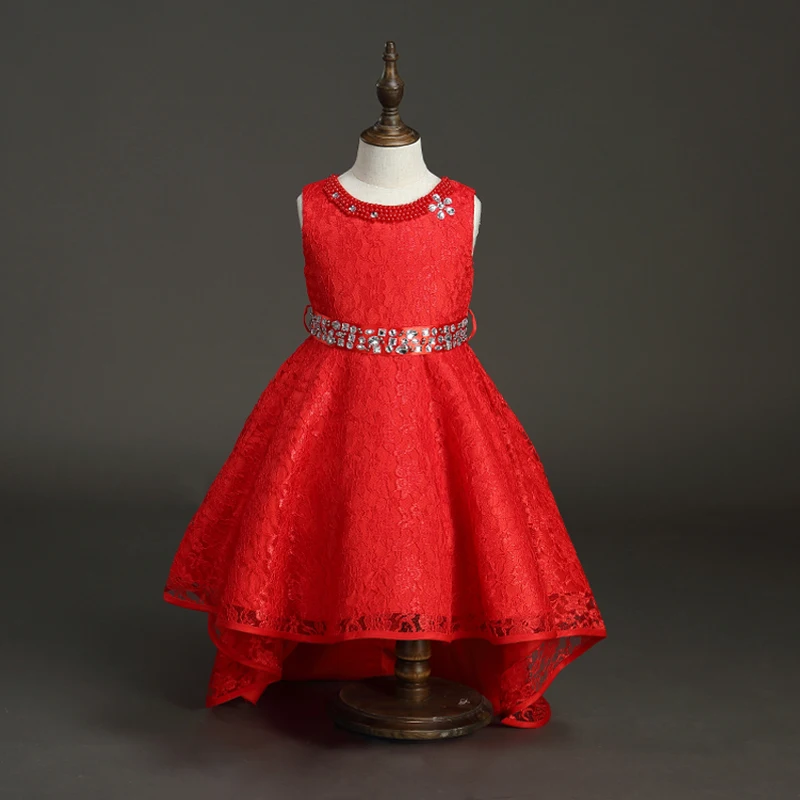 Бордовые кружевные платья для девочек с круглым вырезом и поясом|Цветочные