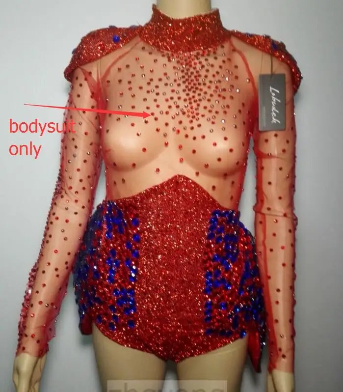 bodysuit only Полностью хрустальные стразы, красный женский боди, комбинезон, модель подиума, сценический костюм, танцевальный костюм, полое сексуальное облегающее боди - Цвет: bodysuit only