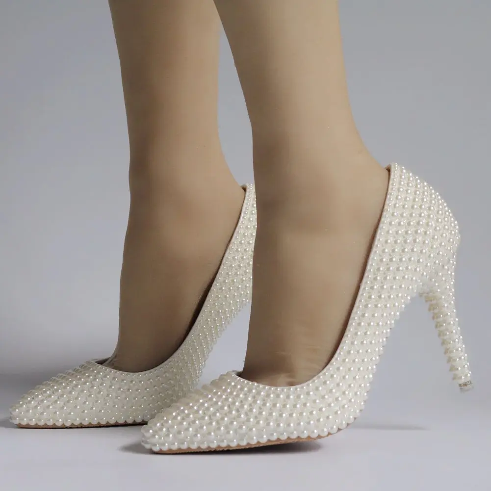 9cm stiletto pointed large size single shoes pearl beaded wedding shoes bridesmaid bride shoes temperament elegant high heels