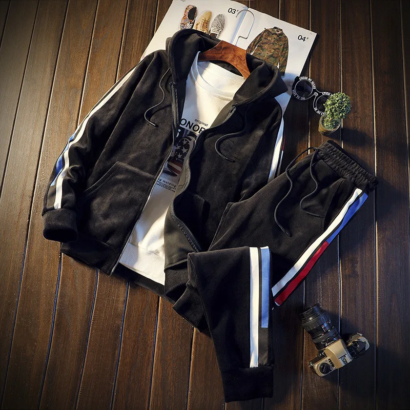 Мужская спортивная куртка для отдыха, брюки, комплект из 2 предметов, спортивные костюмы, бархатная спортивная одежда, спортивные костюмы для мужчин, Свободный теплый мягкий спортивный костюм большого размера