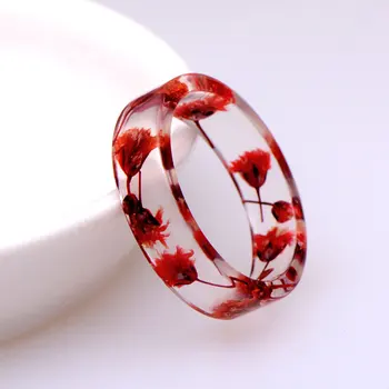 

2020 Handmade Wood Resin Ring Dried Flowers Plants Inside Jewelry Resin Ring Transparent Anniversary Ring for Women Hot Sale