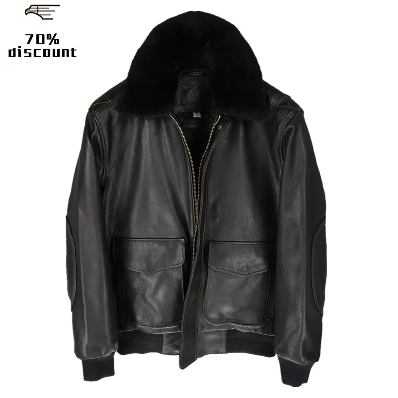 2020 Black Men USAF Pilot Leather Jacket Wool Collar Europe Size XL